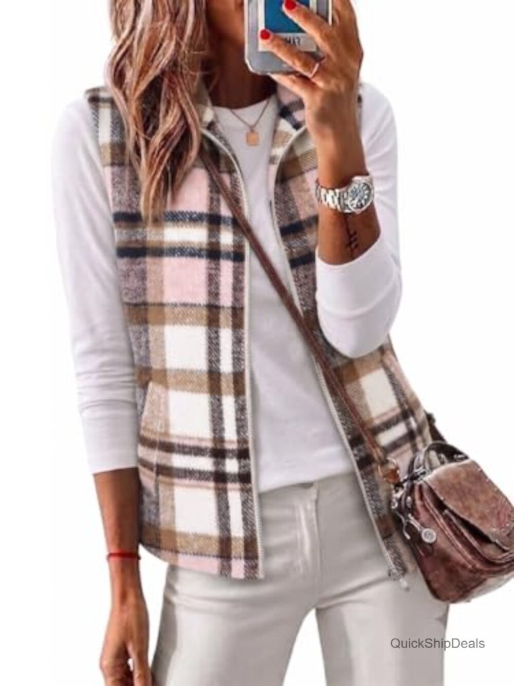 Womens Wool Plaid Vest Zip Up Sleeveless Jacket Fall Winter